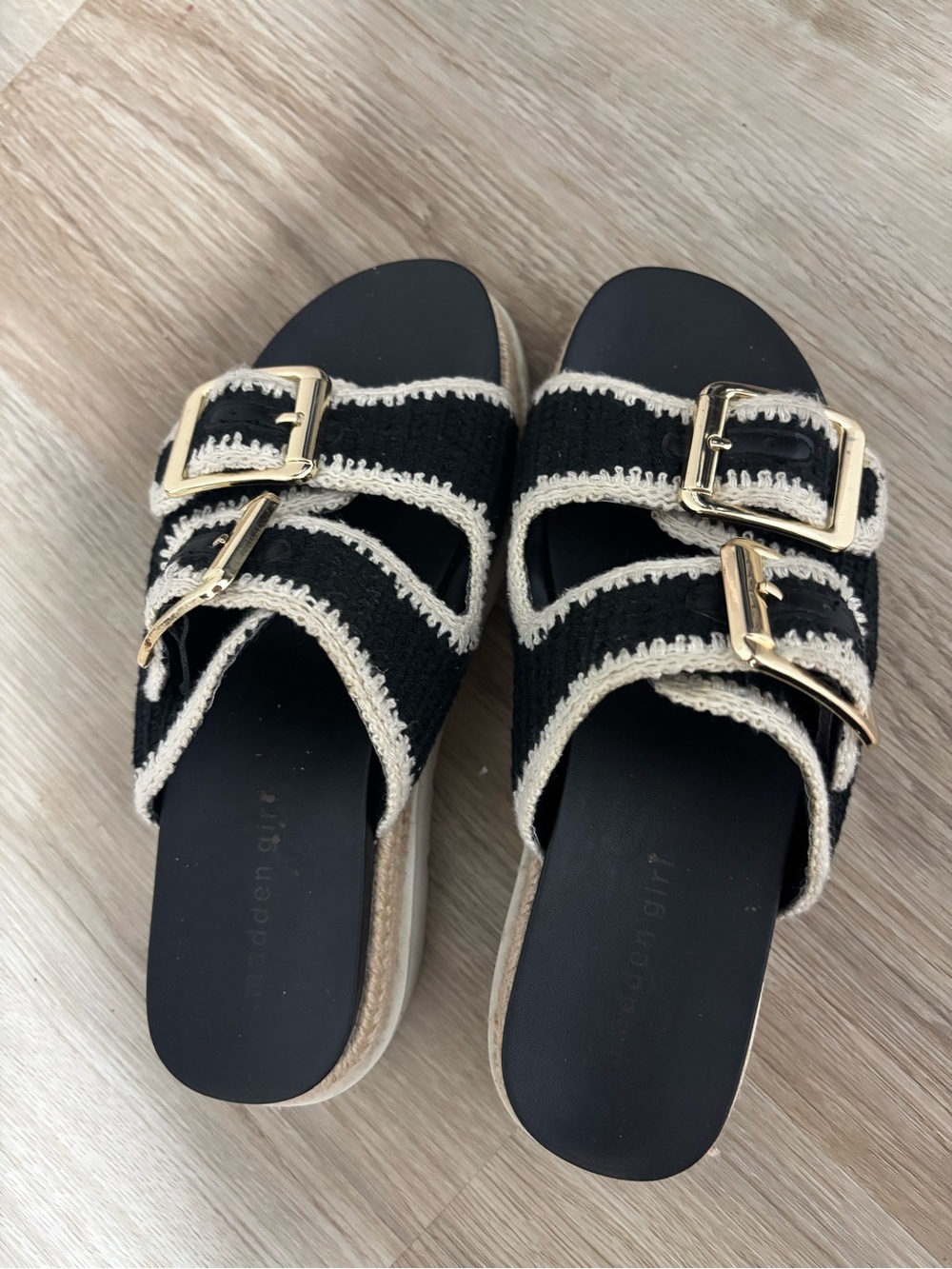 Madden Girl Black & Cream Braided Buckle Slide Sandals